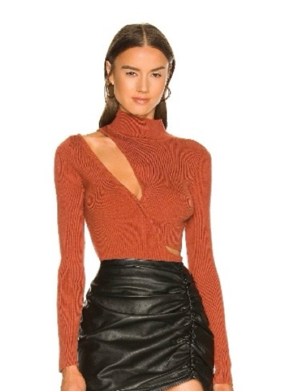 Michael Costello x REVOLVE Soraya Ribbed Cutout Mock-neck Sweater in Rust XL